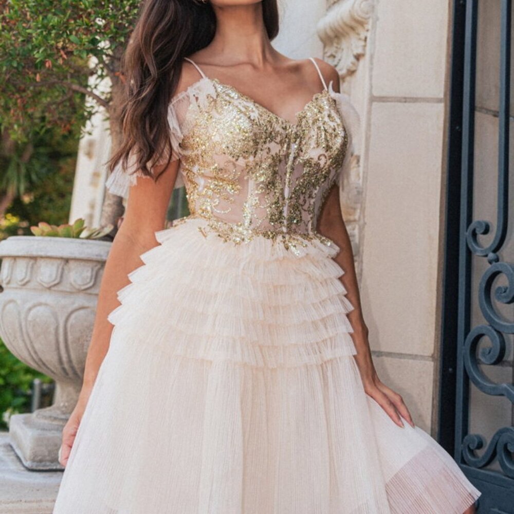 NEW FORMAL MINI SLEEVELESS A-LINE RUFFLED DRESS EMBROIDERED W/ SEQUINS GL GS3511 - Picture 4 of 10